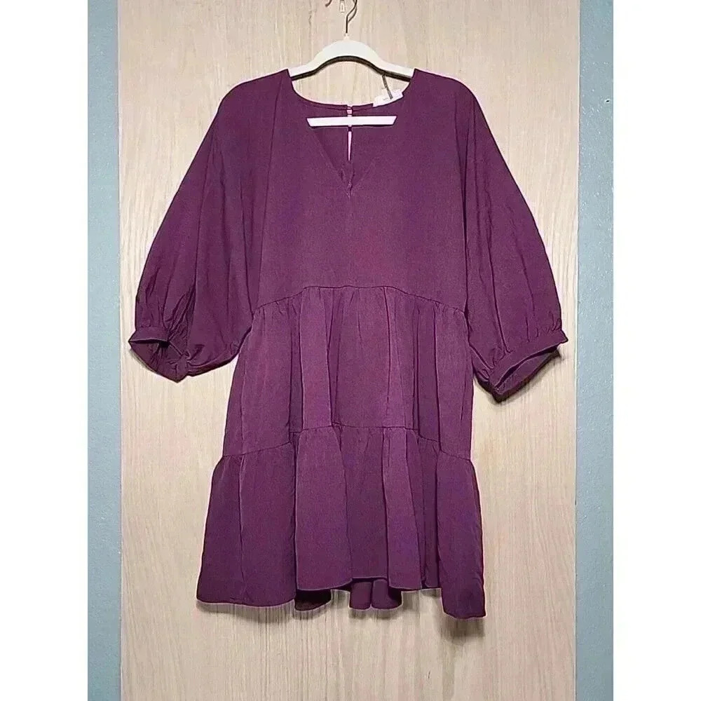 Womens Entro Dark Purple Eggplant Size Medium Tiered Short Bubble Sleeve Dress